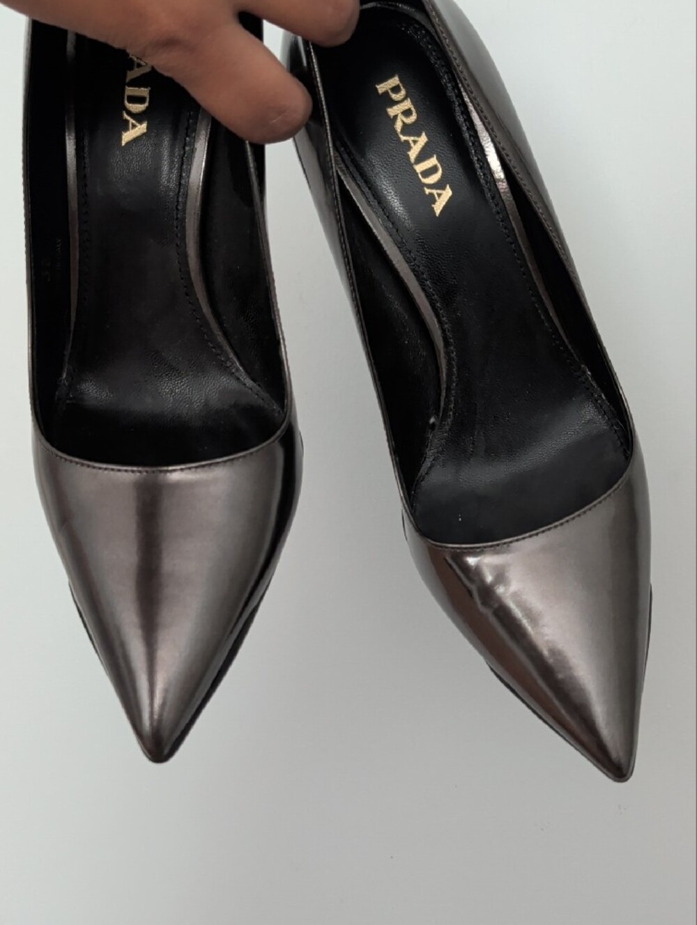 Prada Metallic (Black/Grey) Patent Pointed-Toe Stiletto Pumps